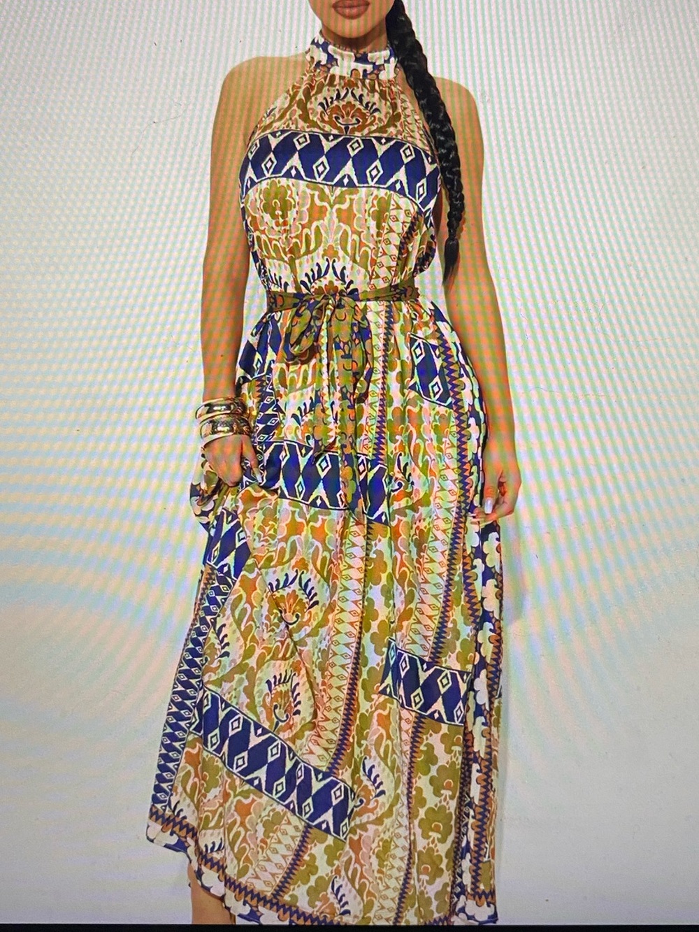 Fashion Nova Halter Midi Dress in Blue and Olive Multi-Print/NWOT